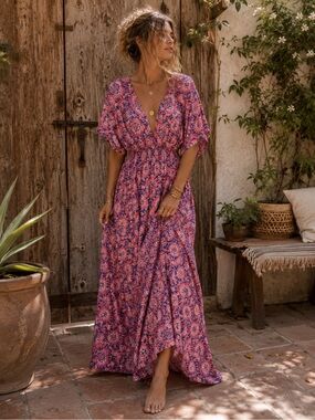 Mary Marshmallow Floral Maxi Dress Pink Blue Low Back Boho L NWT $128